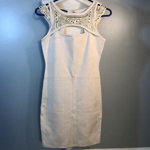 bebe Cream Bodycon Knit Mini Dress Gold Studs and Cold Shoulders Medium …